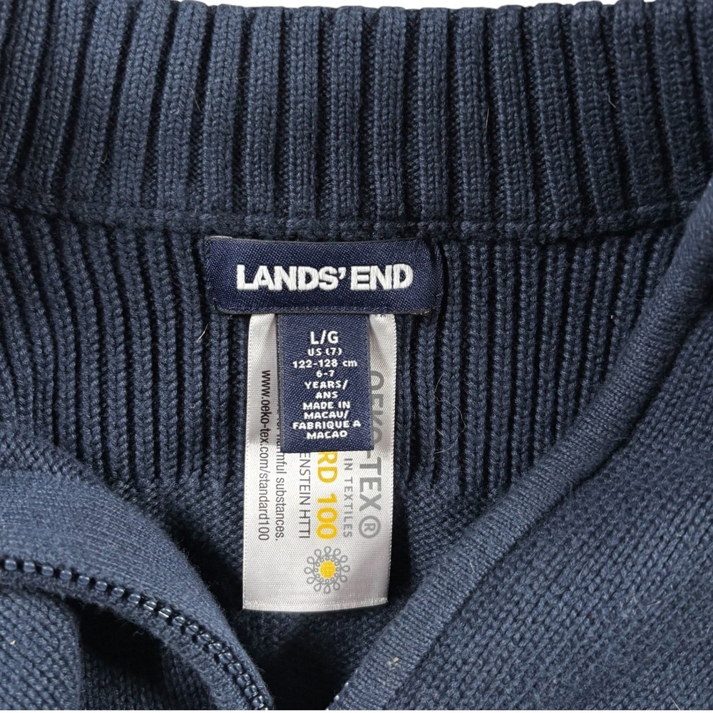 Lands End Kids Large Navy Full Zip Mock Neck Ribbed Cotton Sweater School Preppy - Picture 6 of 8